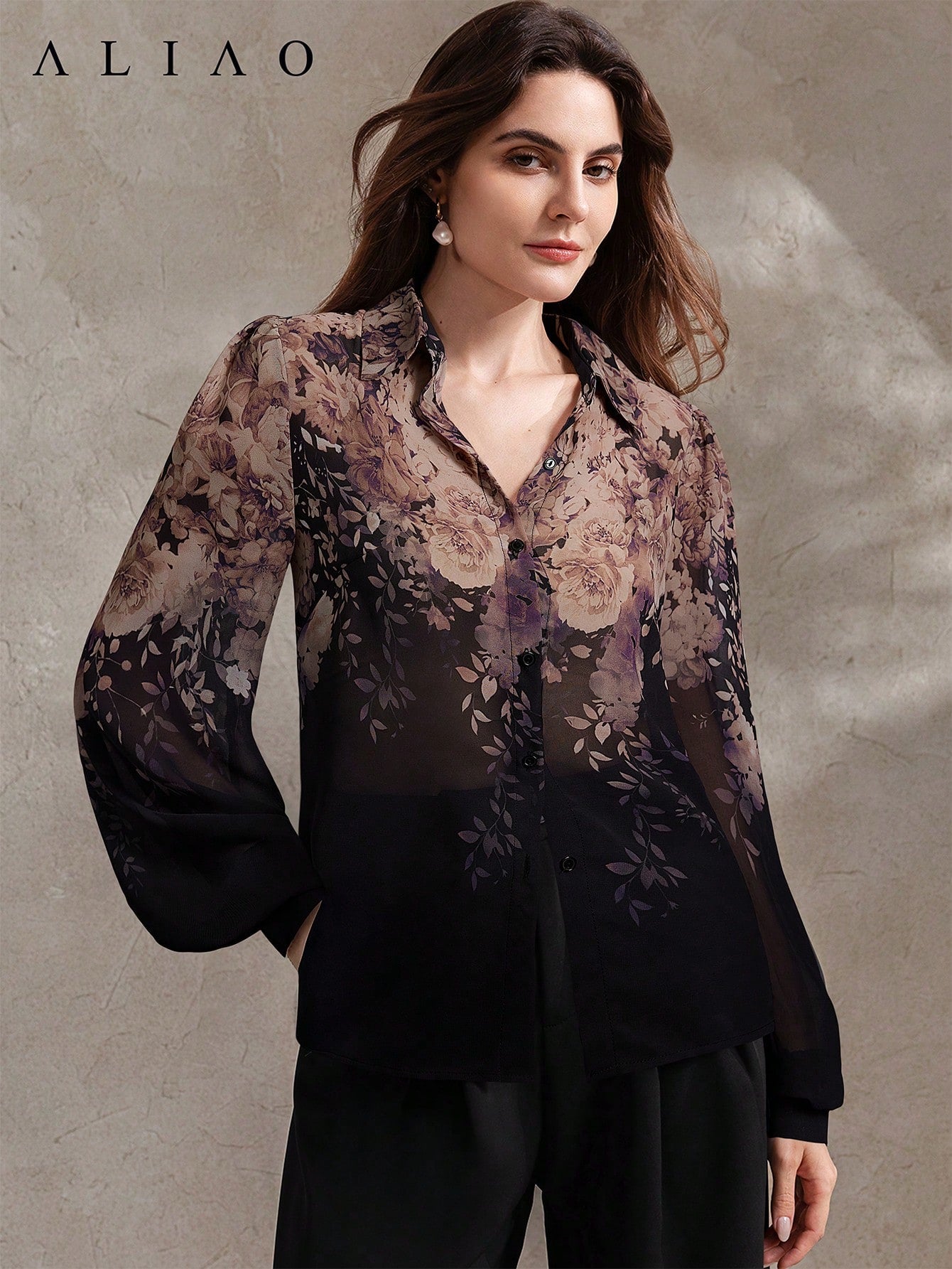 High-End Printed Long Sleeve Sheer Button-Up Casual Vacation Elegant Blouse
