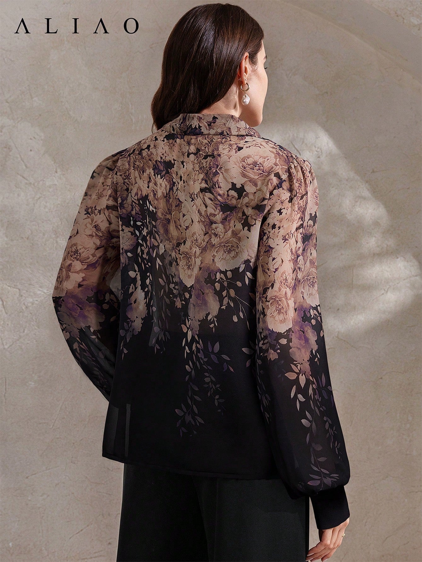 High-End Printed Long Sleeve Sheer Button-Up Casual Vacation Elegant Blouse