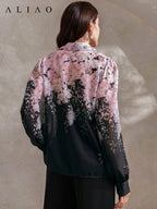 High-End Printed Long Sleeve Sheer Button-Up Casual Vacation Elegant Blouse