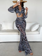 Allover Print Bikini Set Tie Back Halter Triangle Bra & Bikini & Tie Front Cover Up Top & Swim Pants 4 Piece Bathing Suit shein