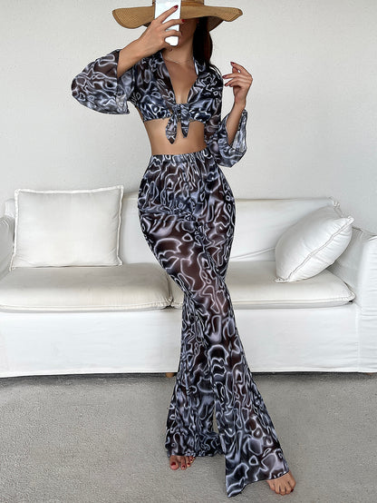 Allover Print Bikini Set Tie Back Halter Triangle Bra & Bikini & Tie Front Cover Up Top & Swim Pants 4 Piece Bathing Suit shein