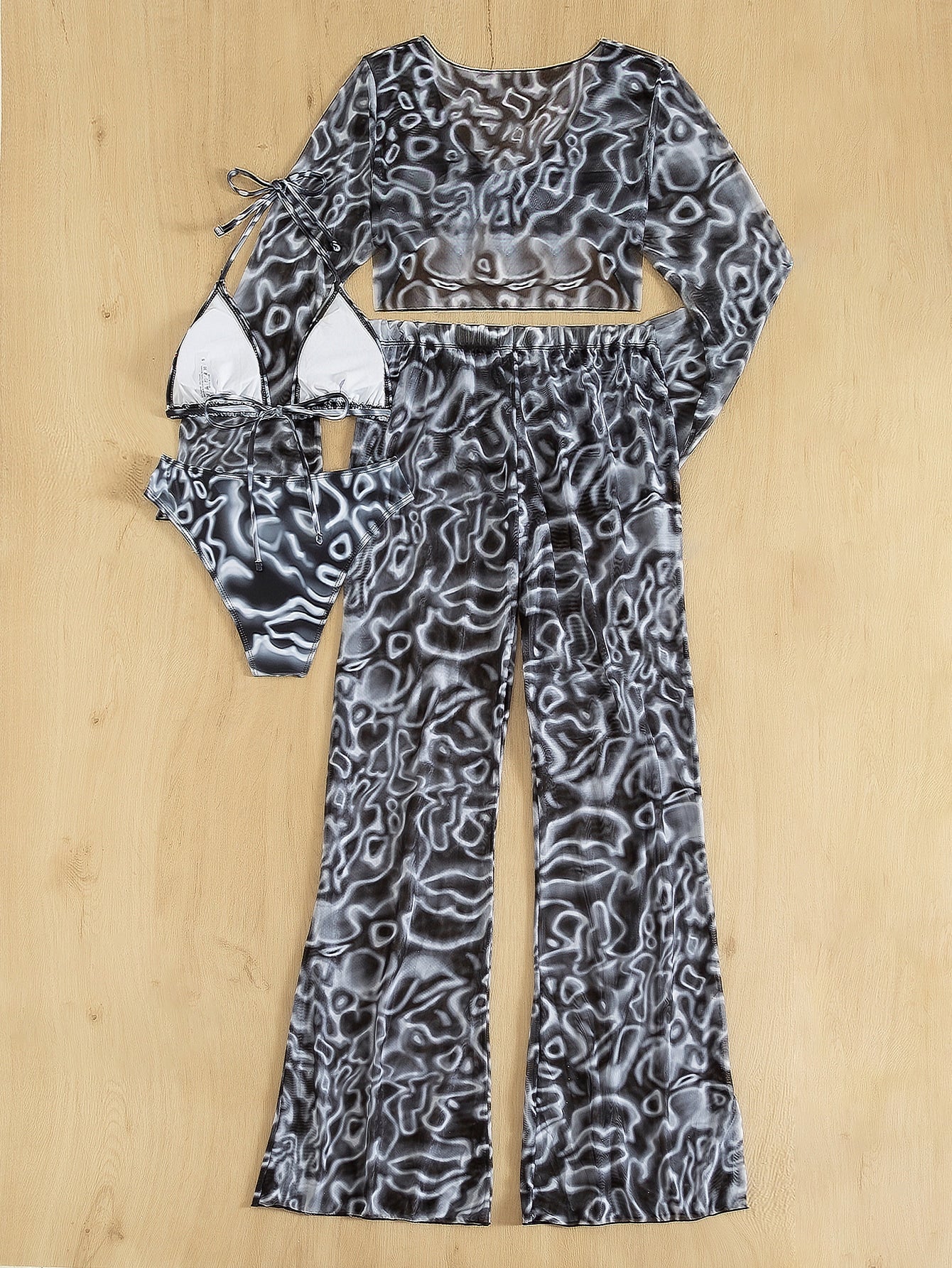 Allover Print Bikini Set Tie Back Halter Triangle Bra & Bikini & Tie Front Cover Up Top & Swim Pants 4 Piece Bathing Suit shein