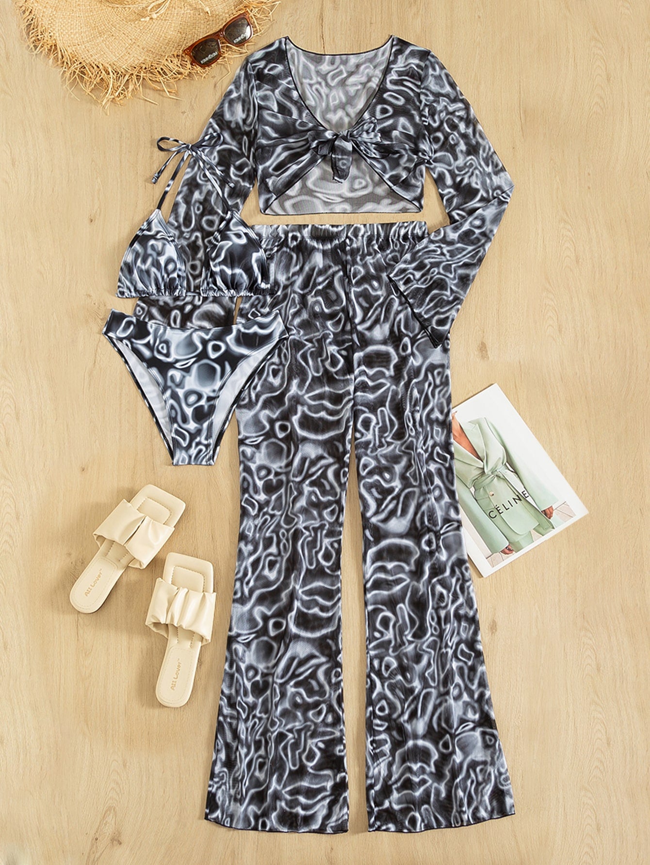 Allover Print Bikini Set Tie Back Halter Triangle Bra & Bikini & Tie Front Cover Up Top & Swim Pants 4 Piece Bathing Suit shein