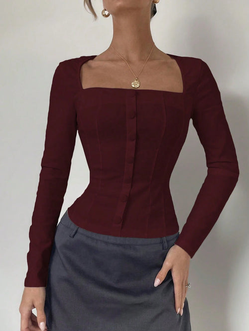 Almamuse Niche Design Fitted Long Sleeve Square Collar Blouse shein