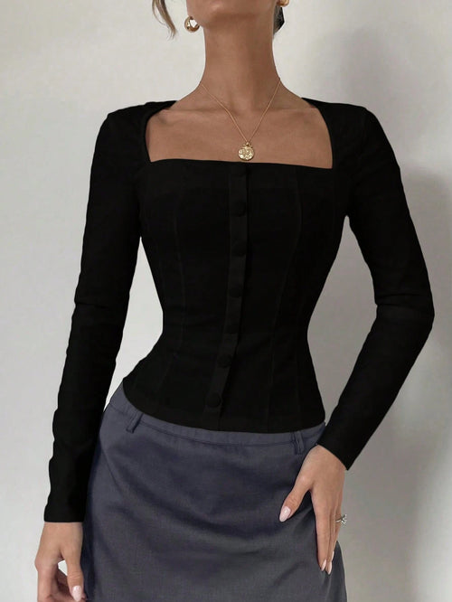 Almamuse Niche Design Fitted Long Sleeve Square Collar Blouse shein