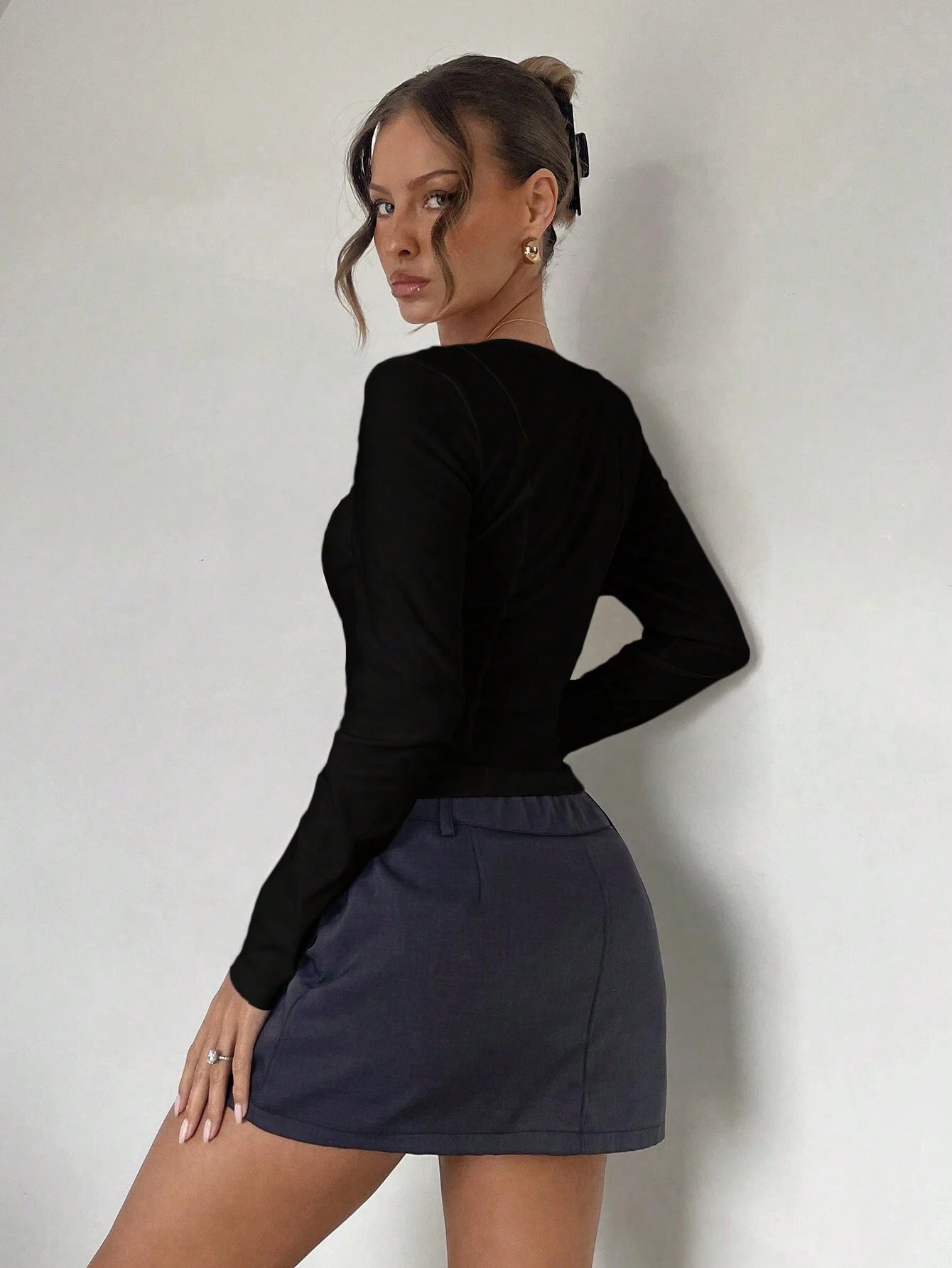 Almamuse Niche Design Fitted Long Sleeve Square Collar Blouse