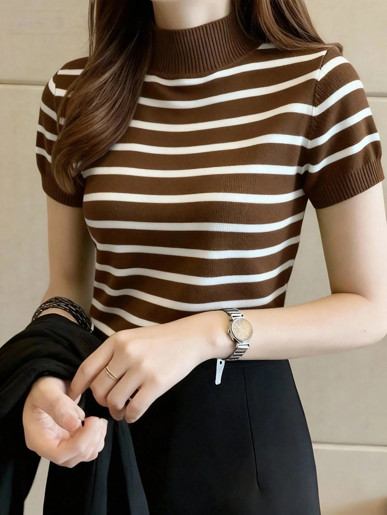Women Casual Solid Color Turtleneck Slim Fit Short Sleeve Knit Top