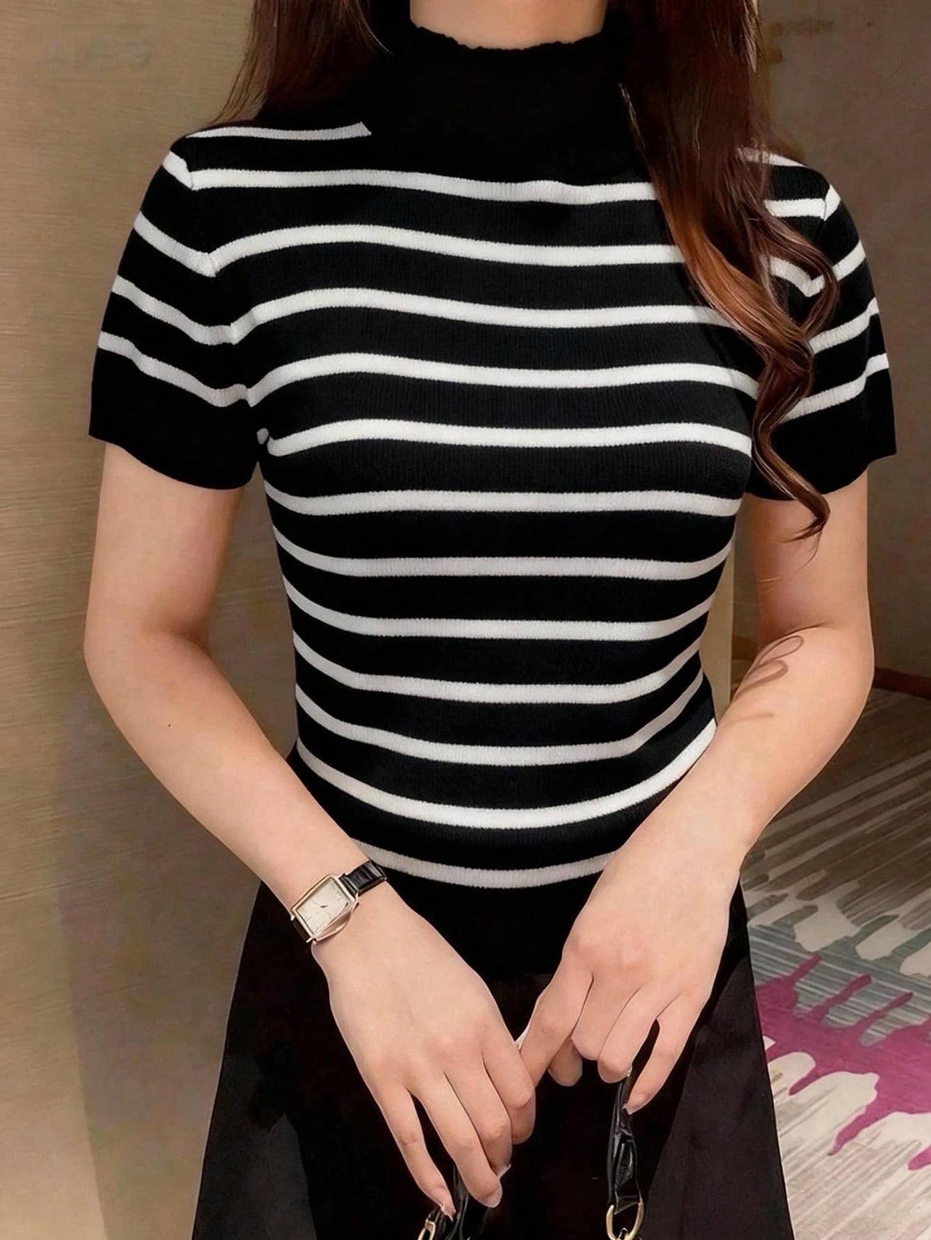 Women Casual Solid Color Turtleneck Slim Fit Short Sleeve Knit Top