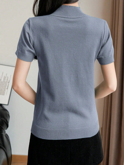 Women Casual Solid Color Turtleneck Slim Fit Short Sleeve Knit Top