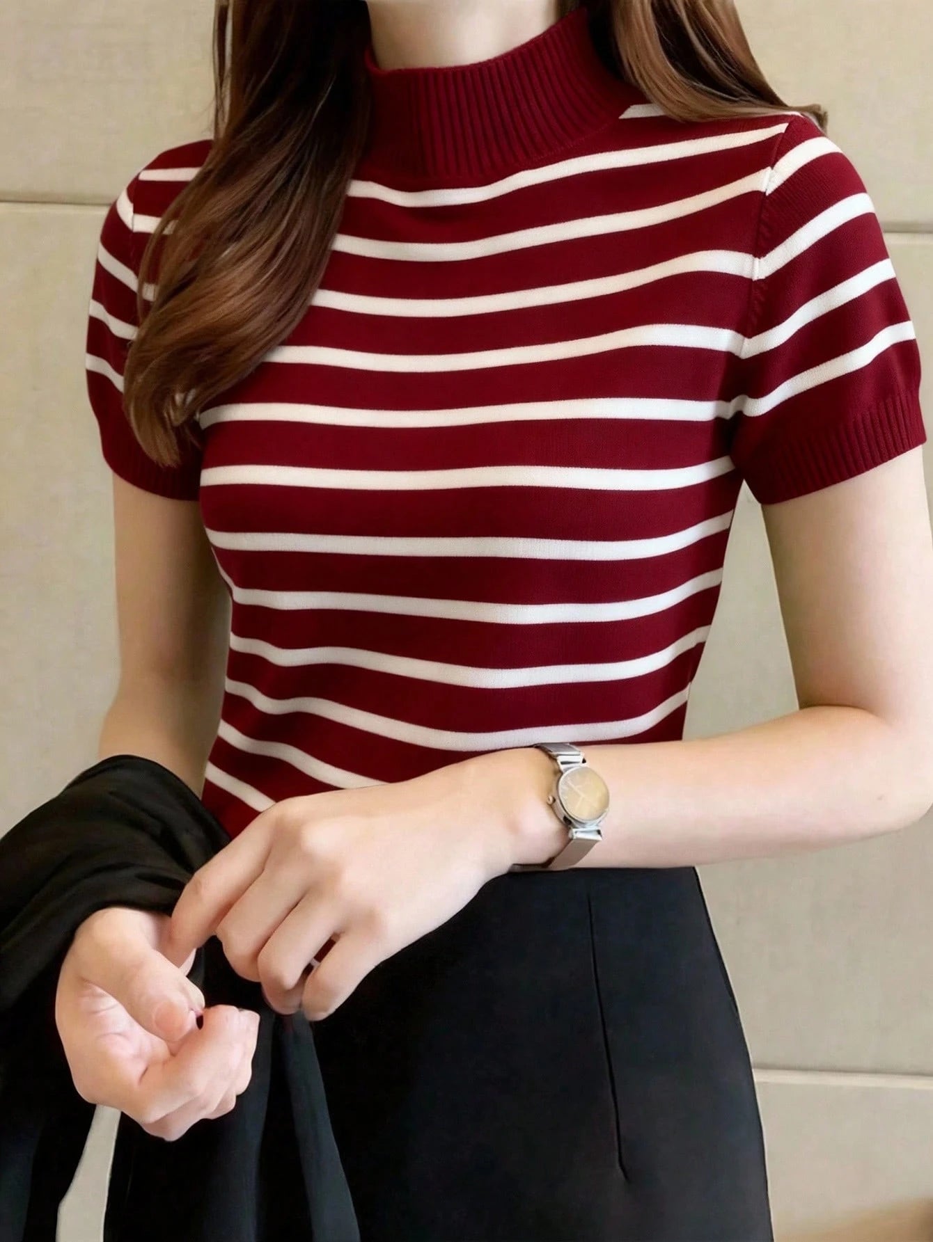 Women Casual Solid Color Turtleneck Slim Fit Short Sleeve Knit Top