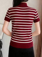 Women Casual Solid Color Turtleneck Slim Fit Short Sleeve Knit Top shein