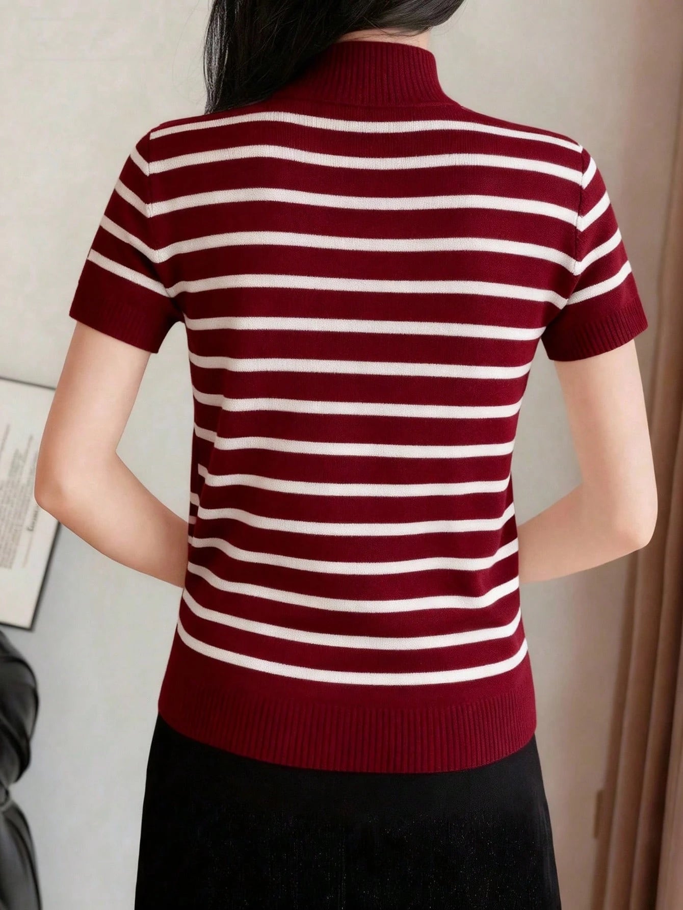 Women Casual Solid Color Turtleneck Slim Fit Short Sleeve Knit Top shein