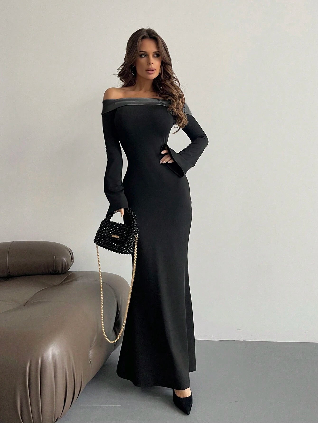 Aloruh Contrast Off Shoulder Bell Sleeve Bodycon Long Black Dress With Sleeves shein