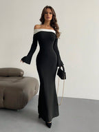 Aloruh Contrast Off Shoulder Bell Sleeve Bodycon Long Black Dress With Sleeves shein
