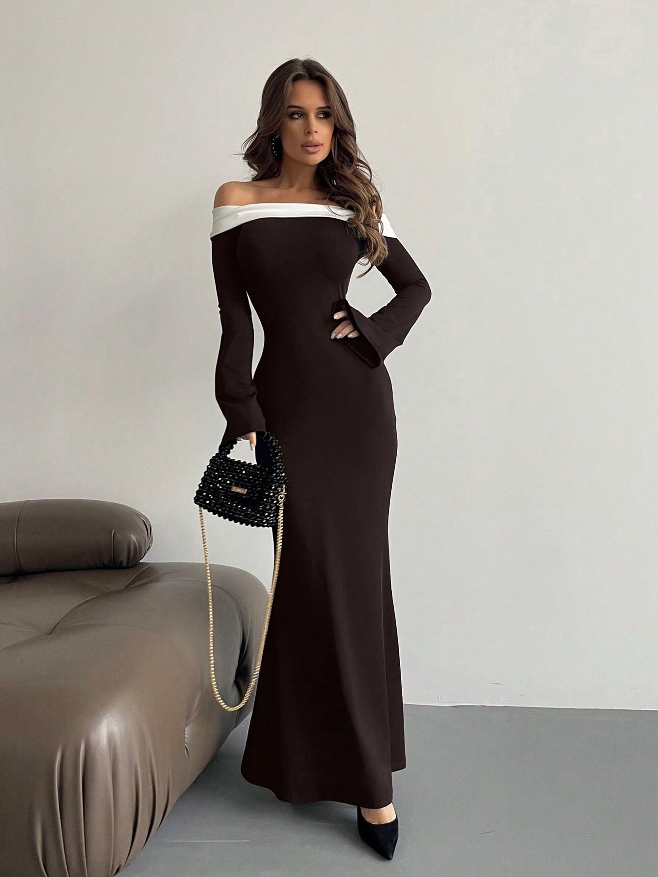 Aloruh Contrast Off Shoulder Bell Sleeve Bodycon Long Black Dress With Sleeves shein