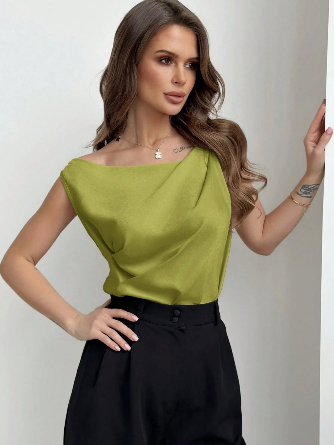Aloruh Asymmetrical Neck Ruched Sleeveless Ladies Blouse shein