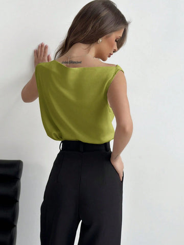 Aloruh Asymmetrical Neck Ruched Sleeveless Ladies Blouse