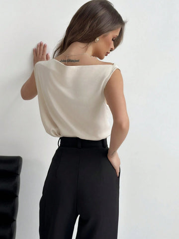 Aloruh Asymmetrical Neck Ruched Sleeveless Ladies Blouse