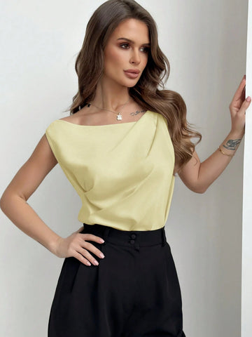 Aloruh Asymmetrical Neck Ruched Sleeveless Ladies Blouse