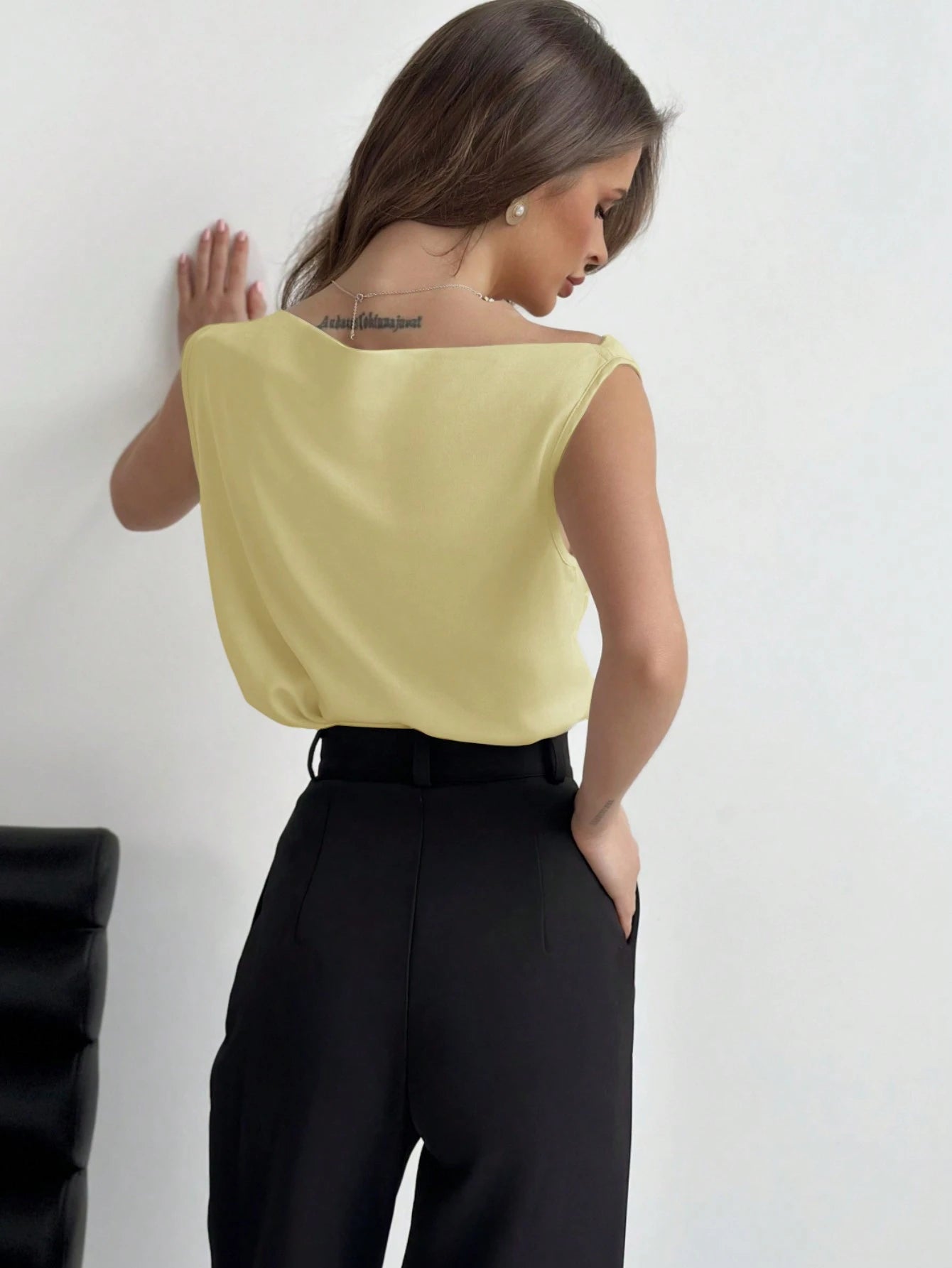 Aloruh Asymmetrical Neck Ruched Sleeveless Ladies Blouse shein