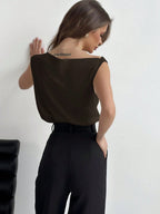Aloruh Asymmetrical Neck Ruched Sleeveless Ladies Blouse shein
