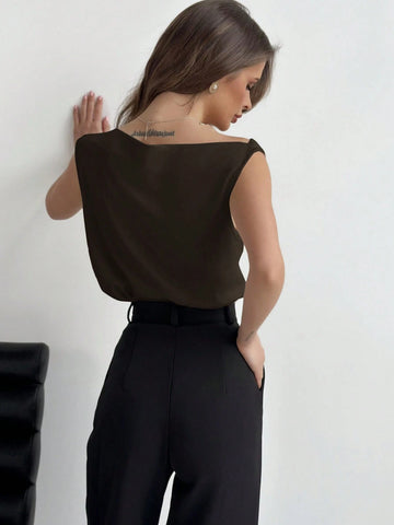 Aloruh Asymmetrical Neck Ruched Sleeveless Ladies Blouse