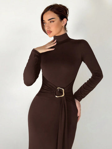 Stand Collar Long Sleeve Cinched Waist Extra-Long Versatile Knit Dress