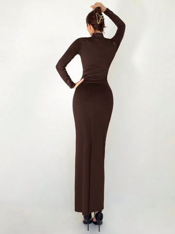 Stand Collar Long Sleeve Cinched Waist Extra-Long Versatile Knit Dress