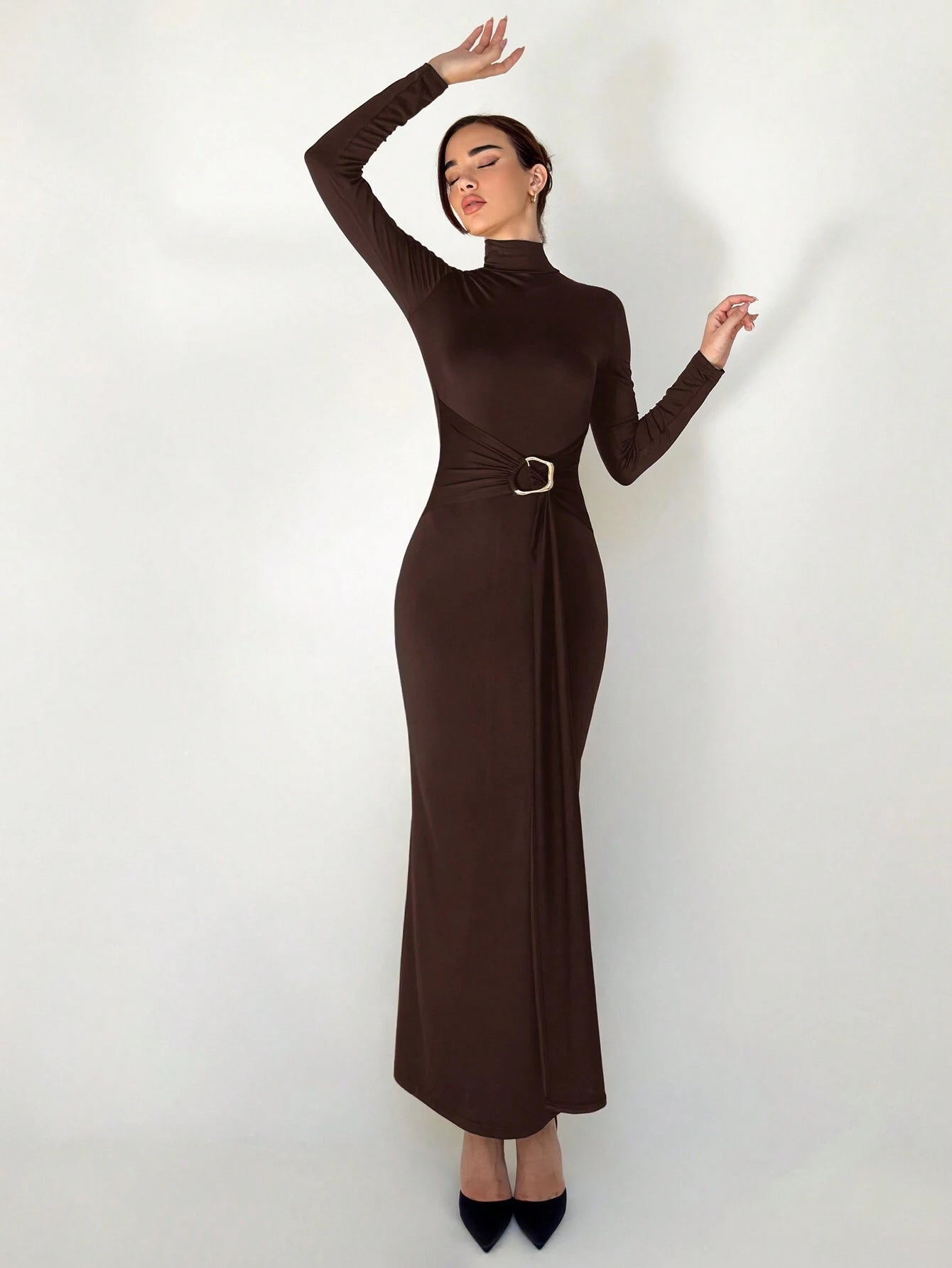 Stand Collar Long Sleeve Cinched Waist Extra-Long Versatile Knit Dress