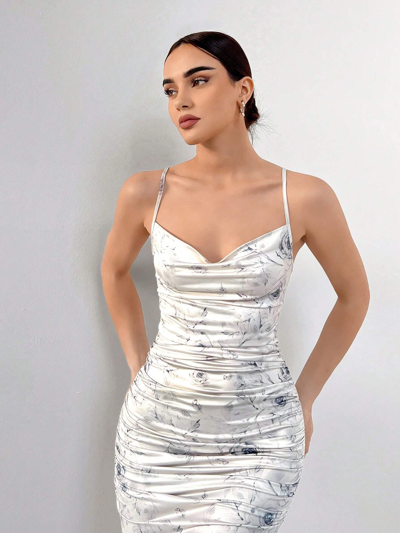 Elegant Floral Print Draped Neck Ruched Slim Fit Cami Dress shein