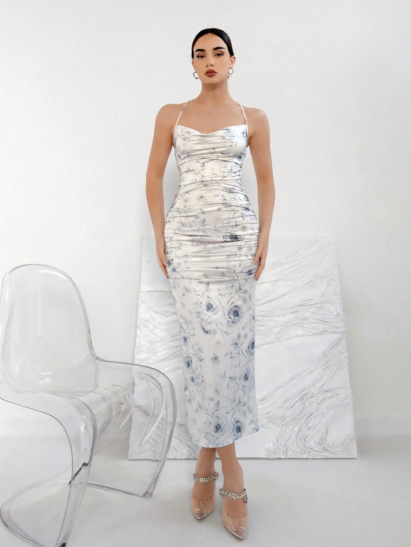 Elegant Floral Print Draped Neck Ruched Slim Fit Cami Dress shein
