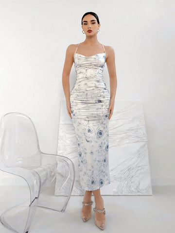 Elegant Floral Print Draped Neck Ruched Slim Fit Cami Dress