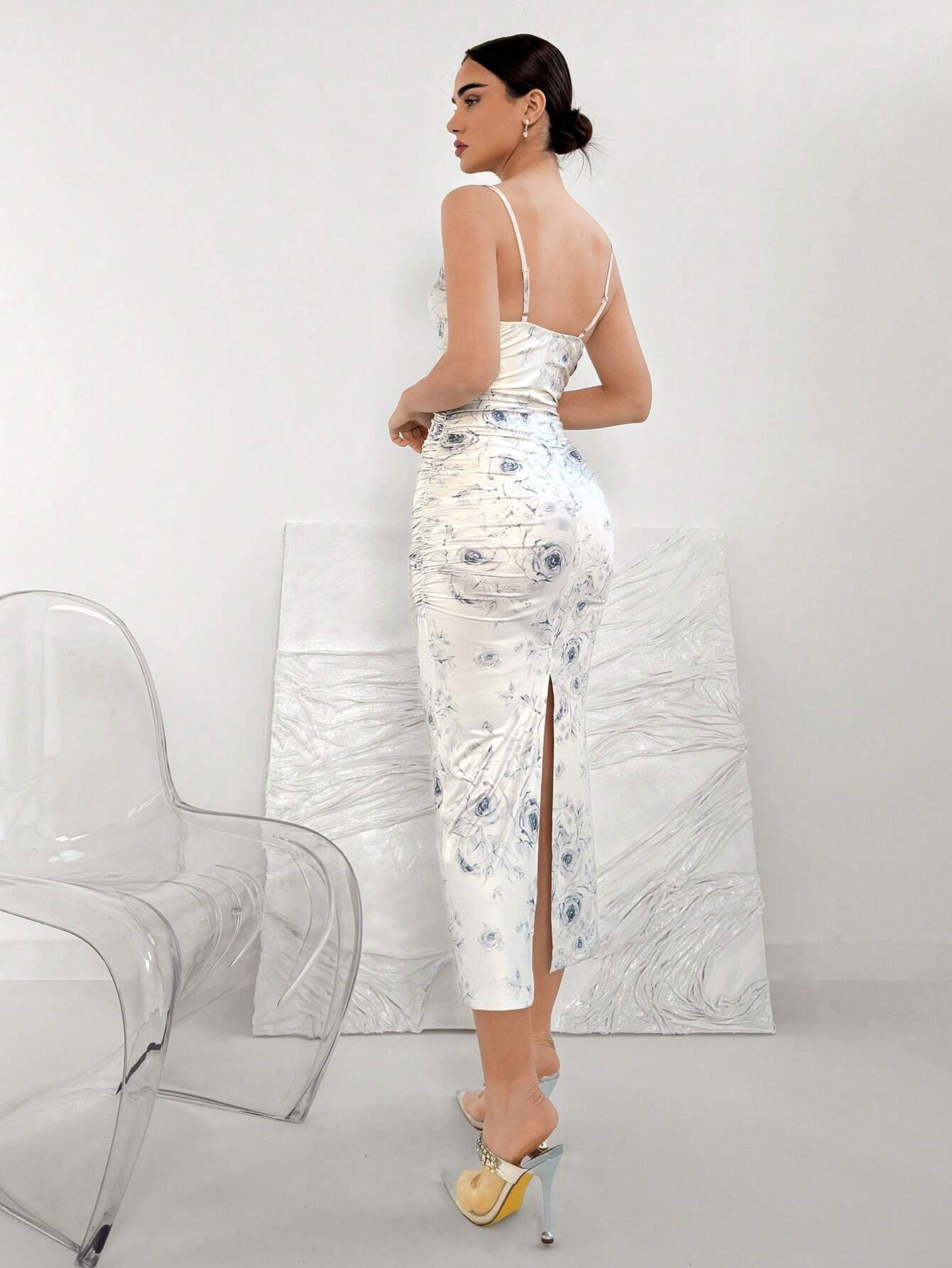 Elegant Floral Print Draped Neck Ruched Slim Fit Cami Dress shein