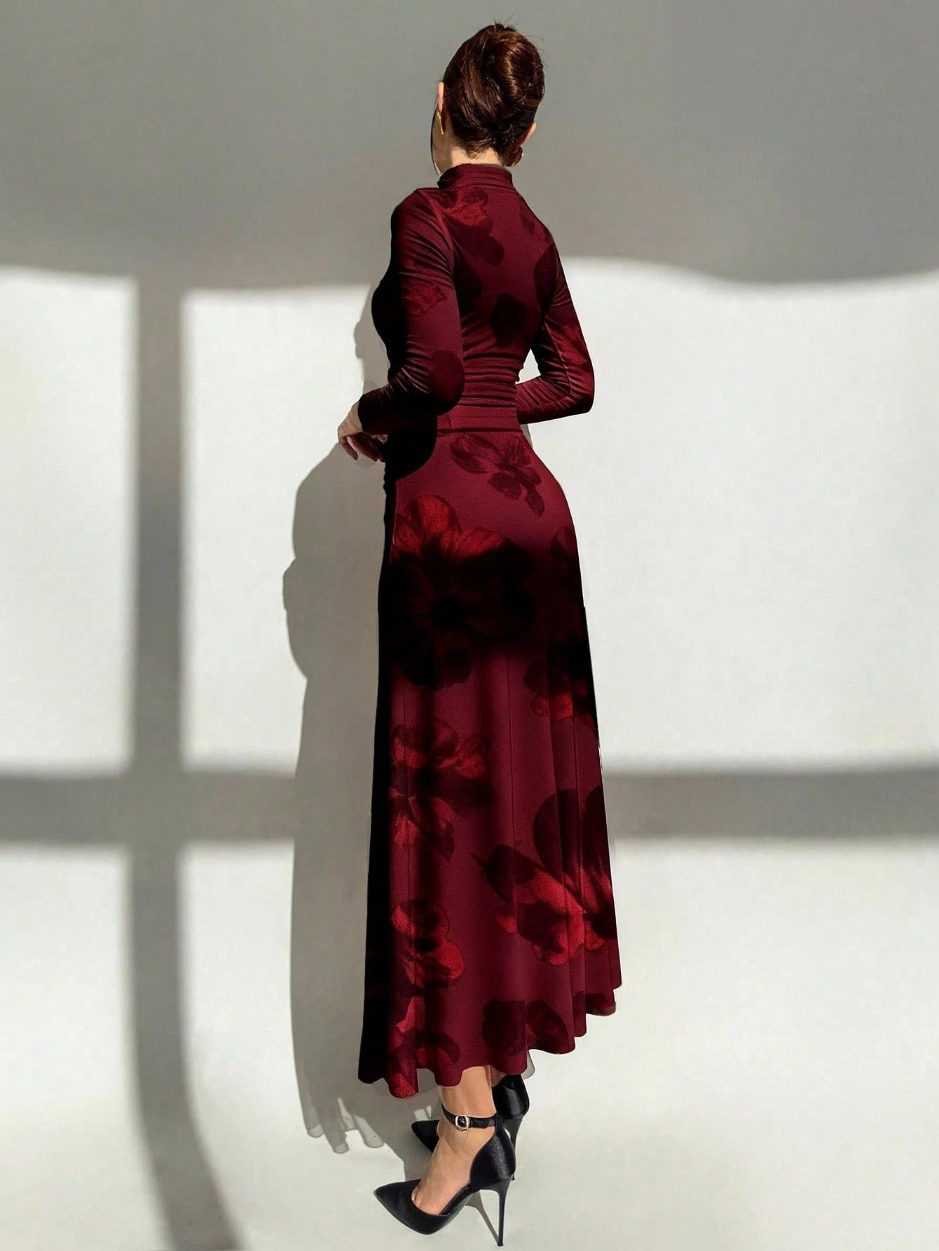 Tie Dye Floral Mesh Print Party Long Sleeve Fitted Dress shein