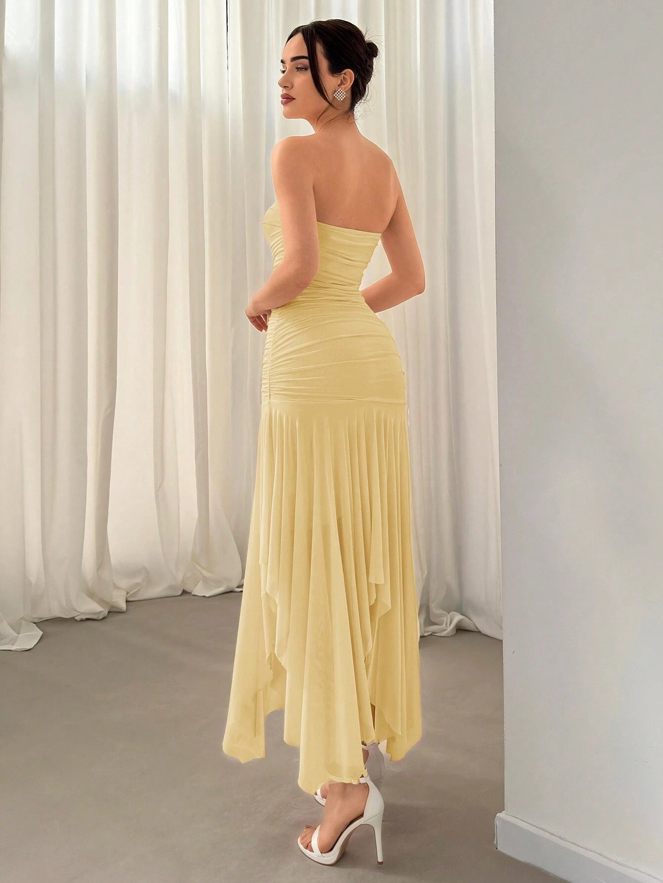 Aloruh Ladies' Asymmetrical Hem Ruffle Trim Dating & Wedding Season Dress