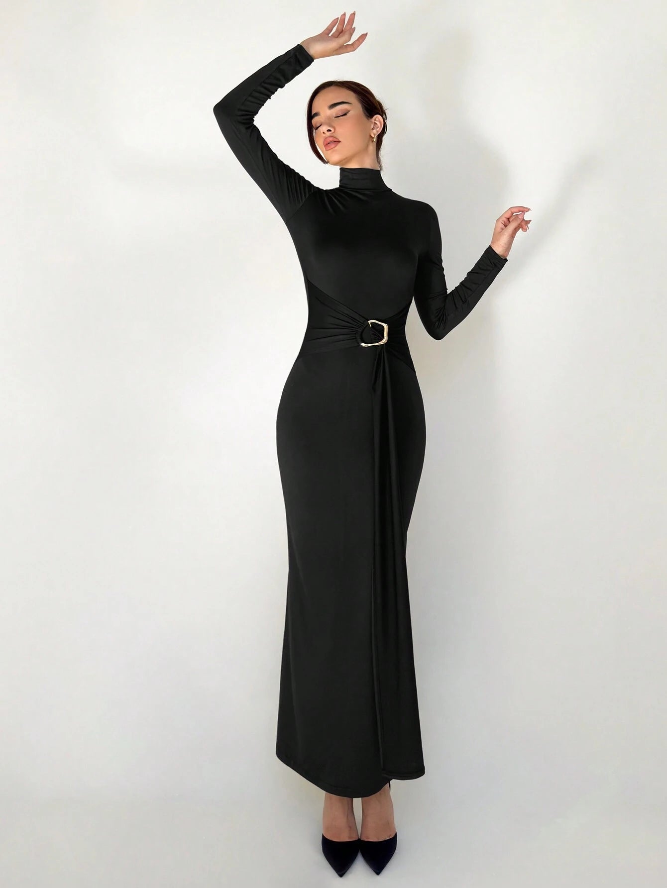 Stand Collar Long Sleeve Cinched Waist Extra-Long Versatile Knit Dress