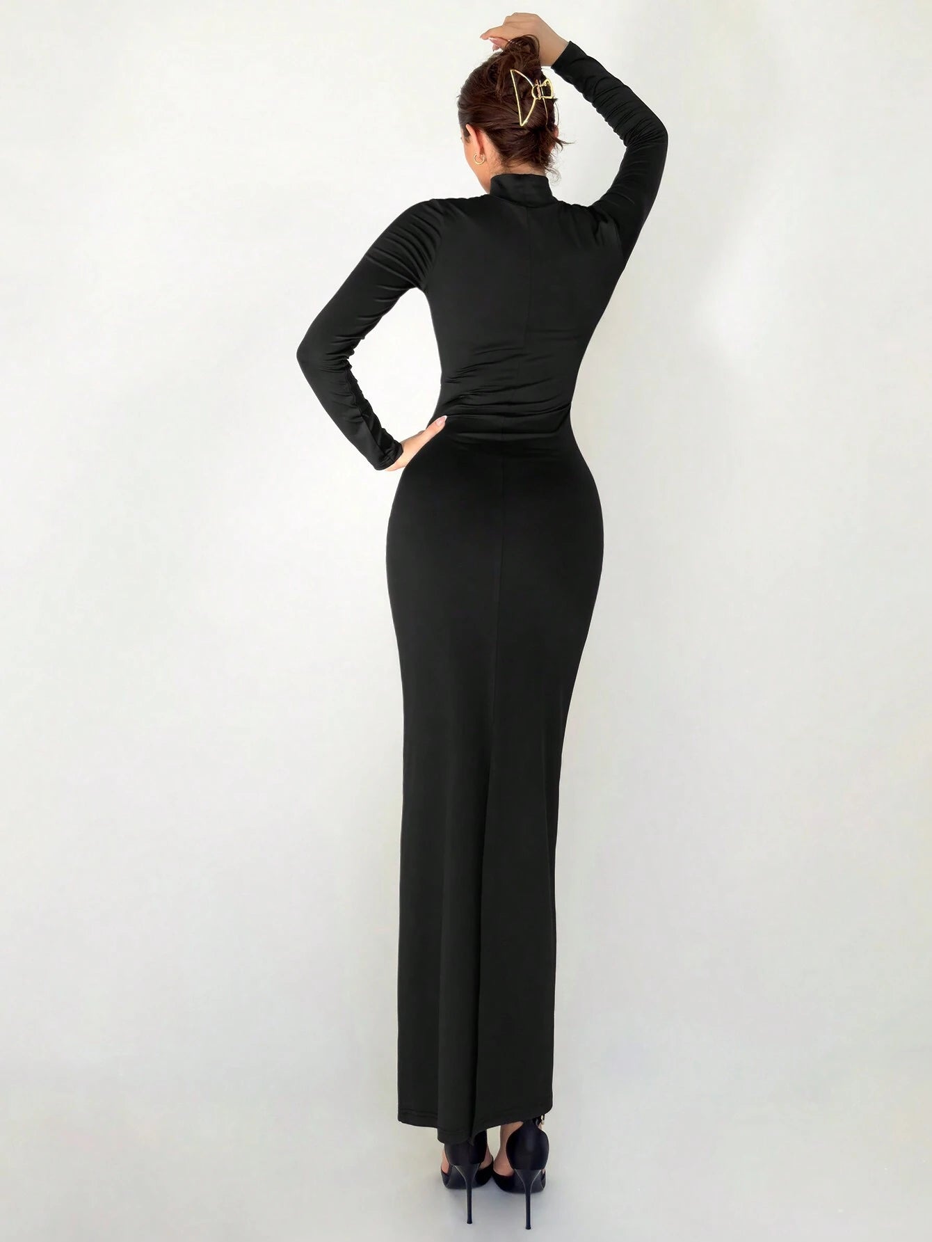 Stand Collar Long Sleeve Cinched Waist Extra-Long Versatile Knit Dress