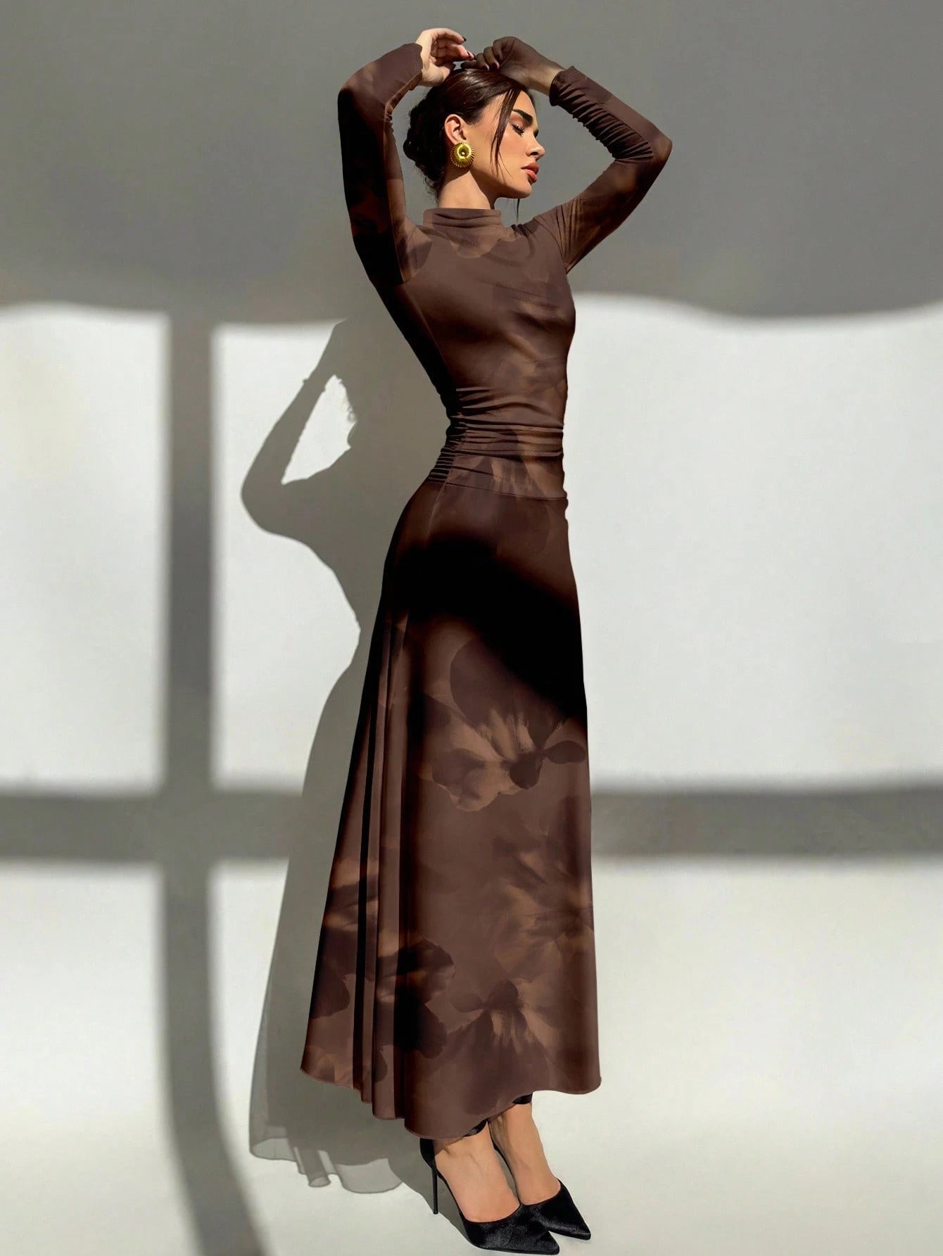 Tie Dye Floral Mesh Print Party Long Sleeve Fitted Dress shein
