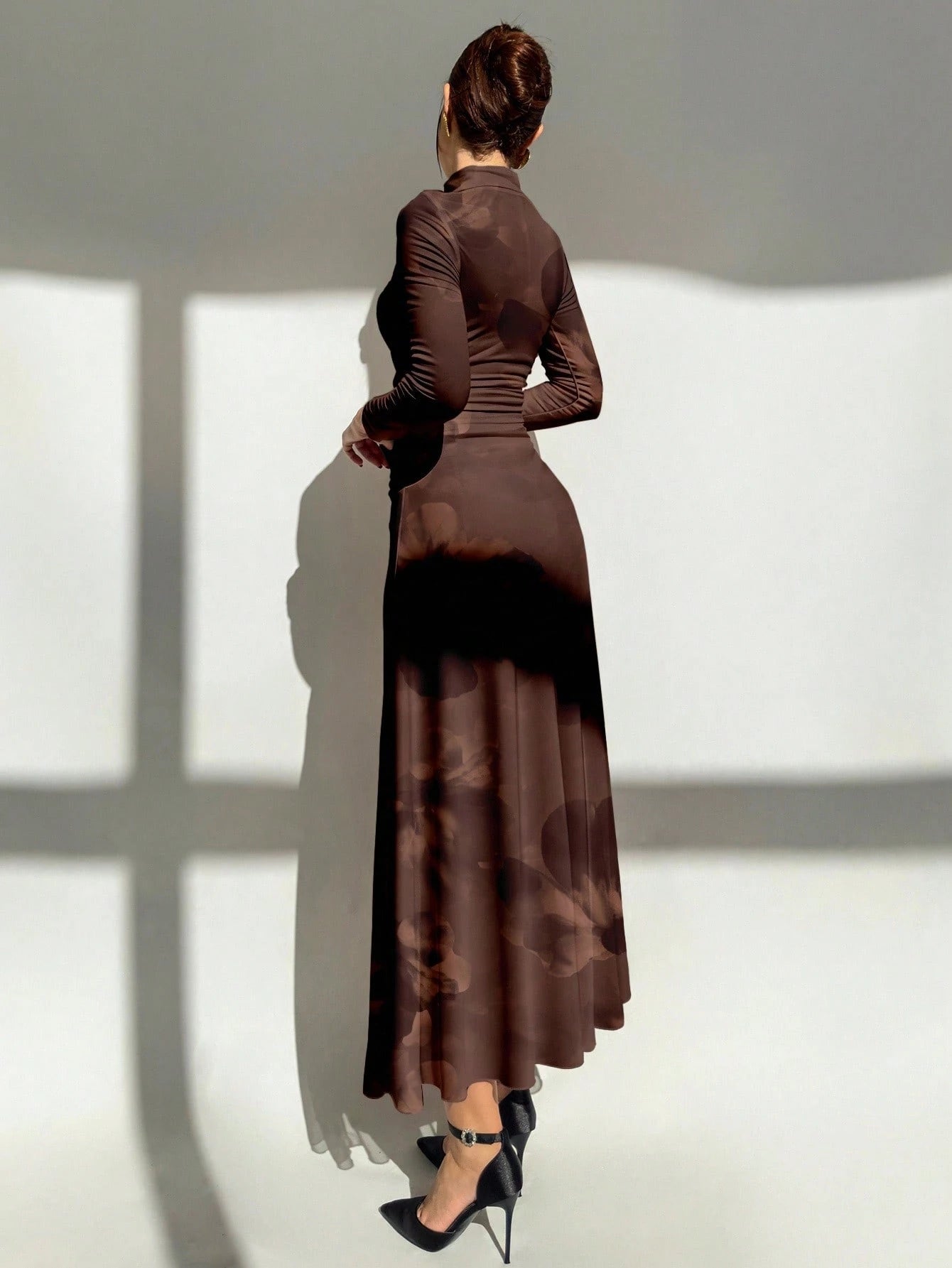 Tie Dye Floral Mesh Print Party Long Sleeve Fitted Dress shein