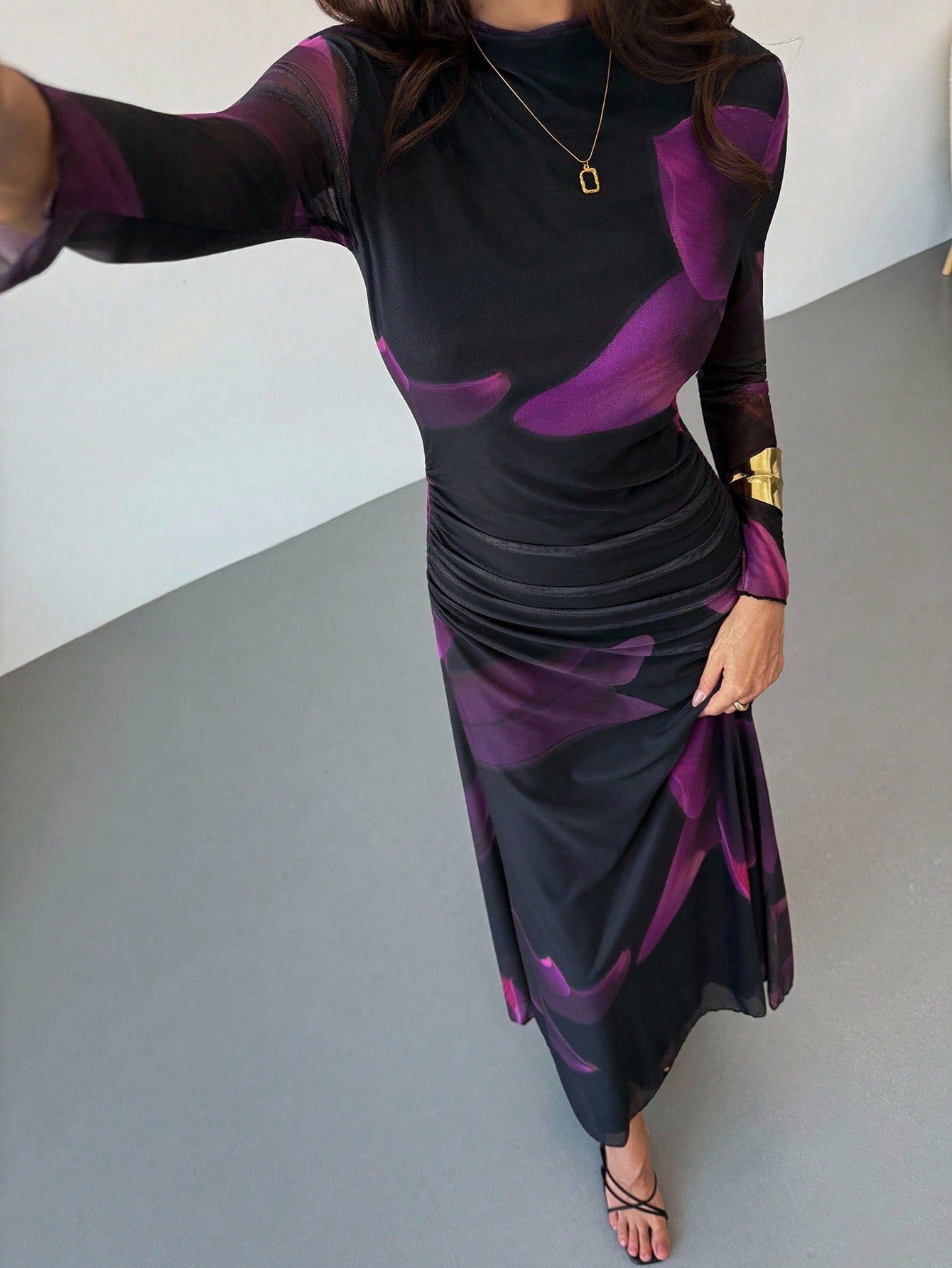Tie Dye Floral Mesh Print Party Long Sleeve Fitted Dress shein