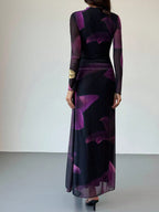 Tie Dye Floral Mesh Print Party Long Sleeve Fitted Dress shein