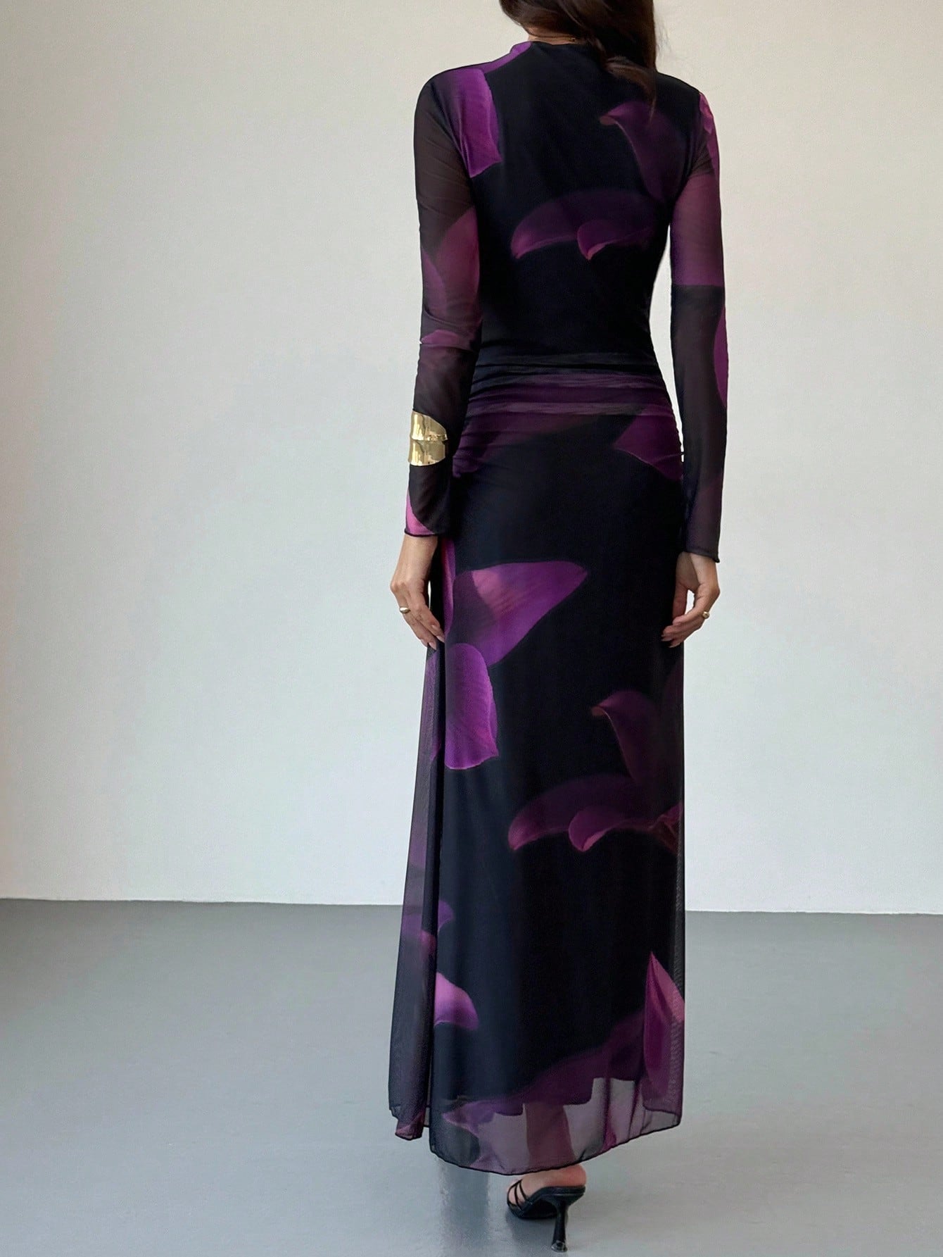 Tie Dye Floral Mesh Print Party Long Sleeve Fitted Dress shein