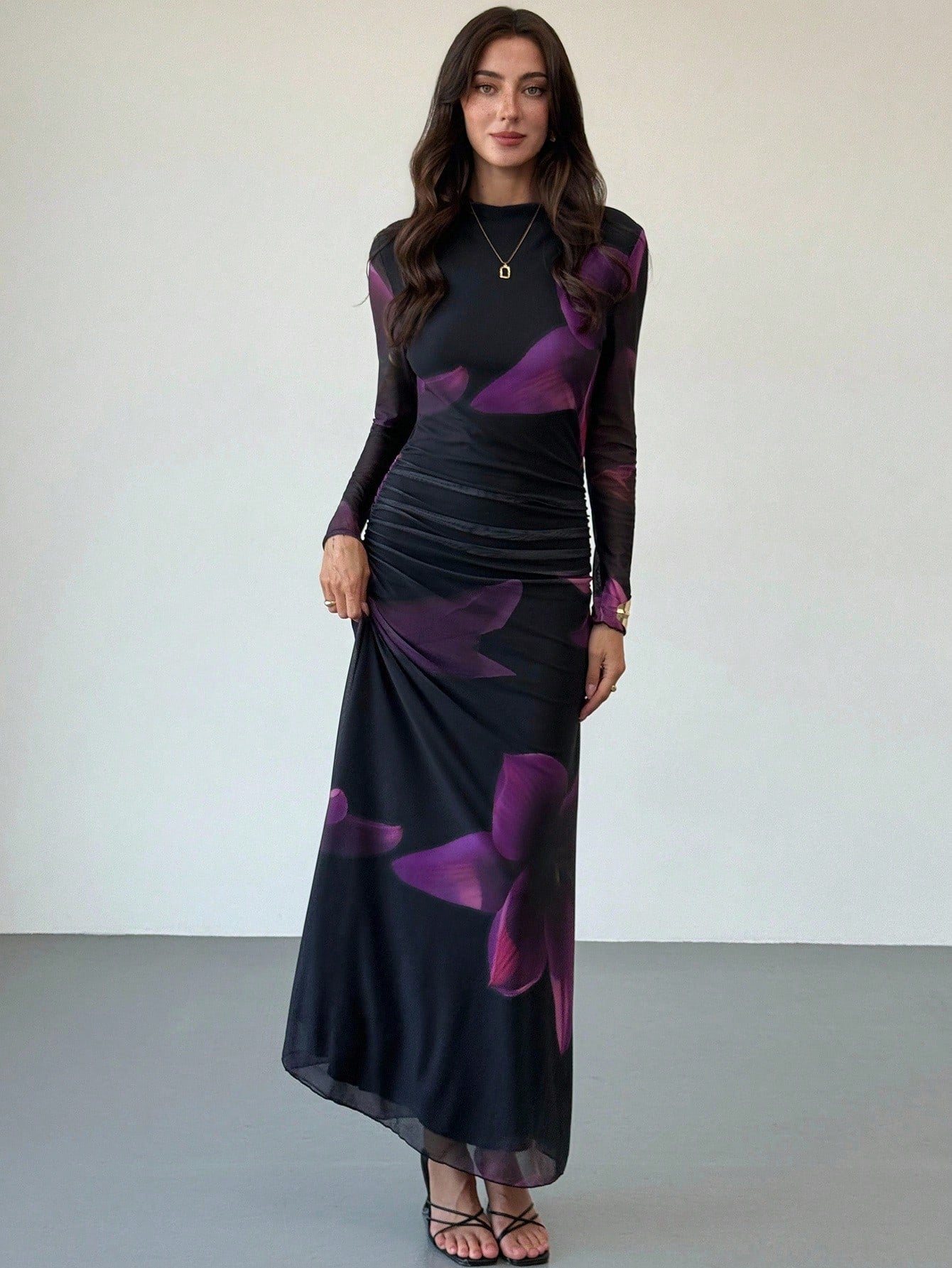 Tie Dye Floral Mesh Print Party Long Sleeve Fitted Dress shein