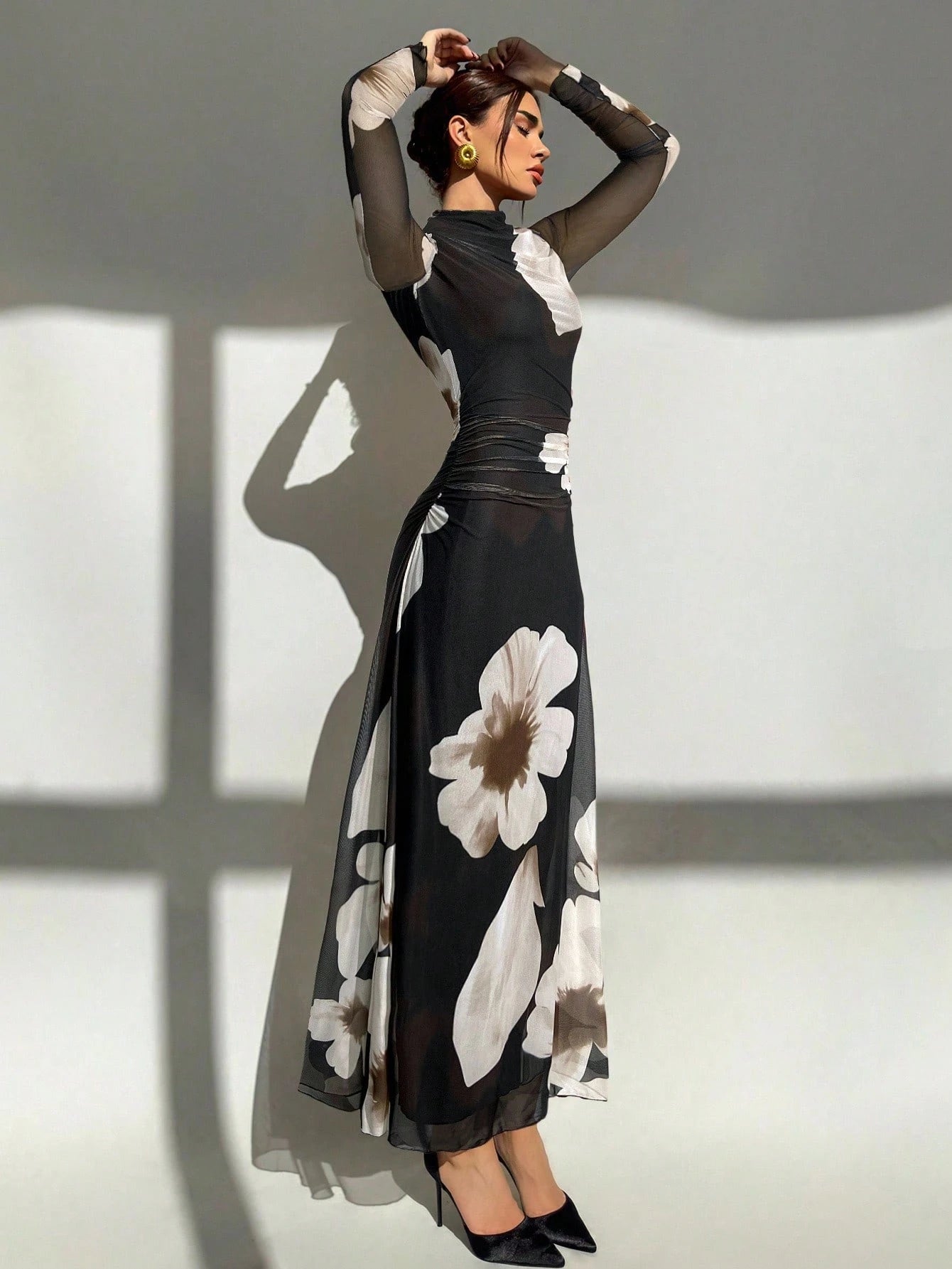 Tie Dye Floral Mesh Print Party Long Sleeve Fitted Dress shein