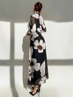 Tie Dye Floral Mesh Print Party Long Sleeve Fitted Dress shein
