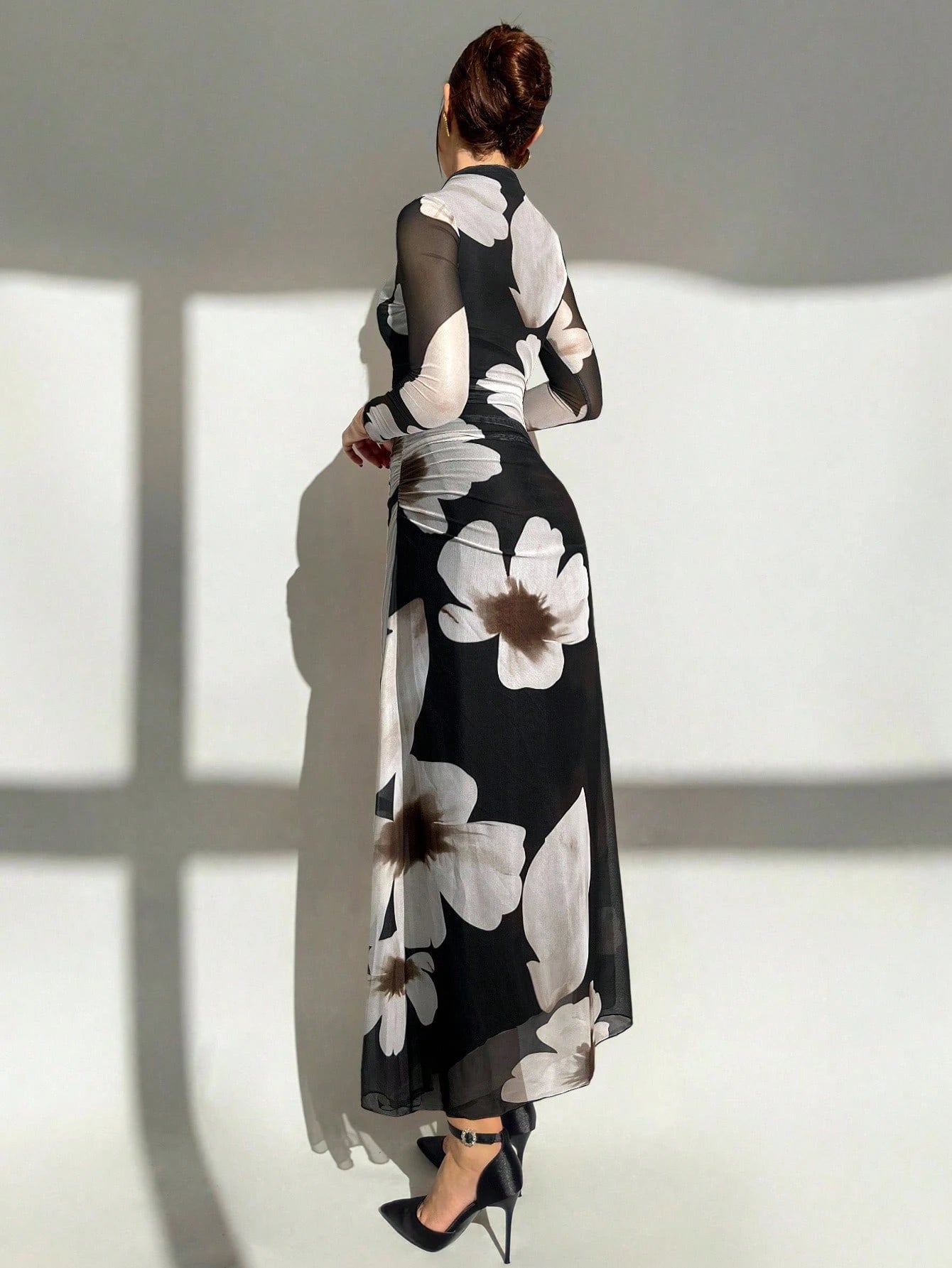 Tie Dye Floral Mesh Print Party Long Sleeve Fitted Dress shein