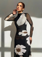 Tie Dye Floral Mesh Print Party Long Sleeve Fitted Dress shein