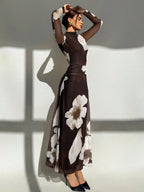 Tie Dye Floral Mesh Print Party Long Sleeve Fitted Dress shein