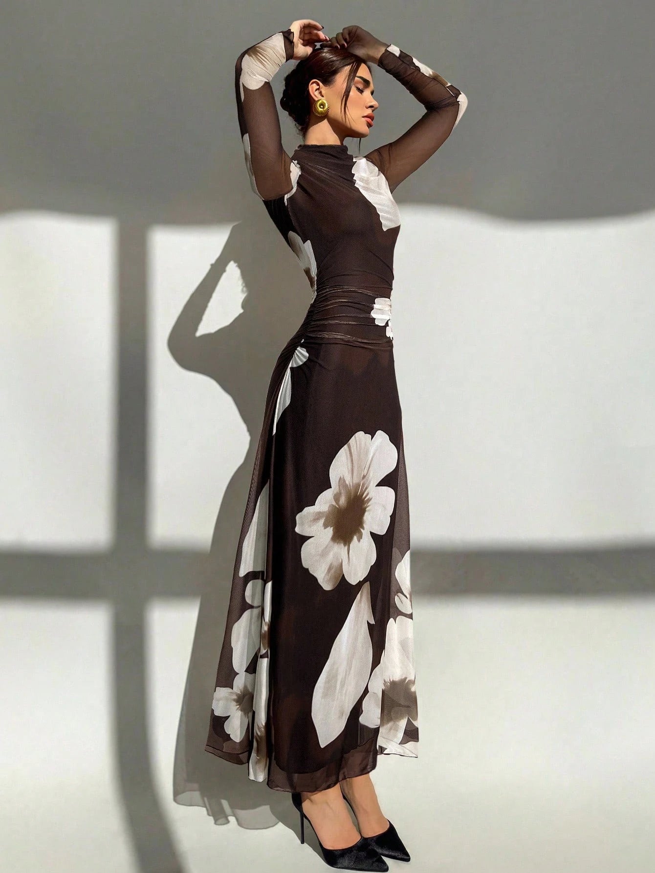 Tie Dye Floral Mesh Print Party Long Sleeve Fitted Dress shein