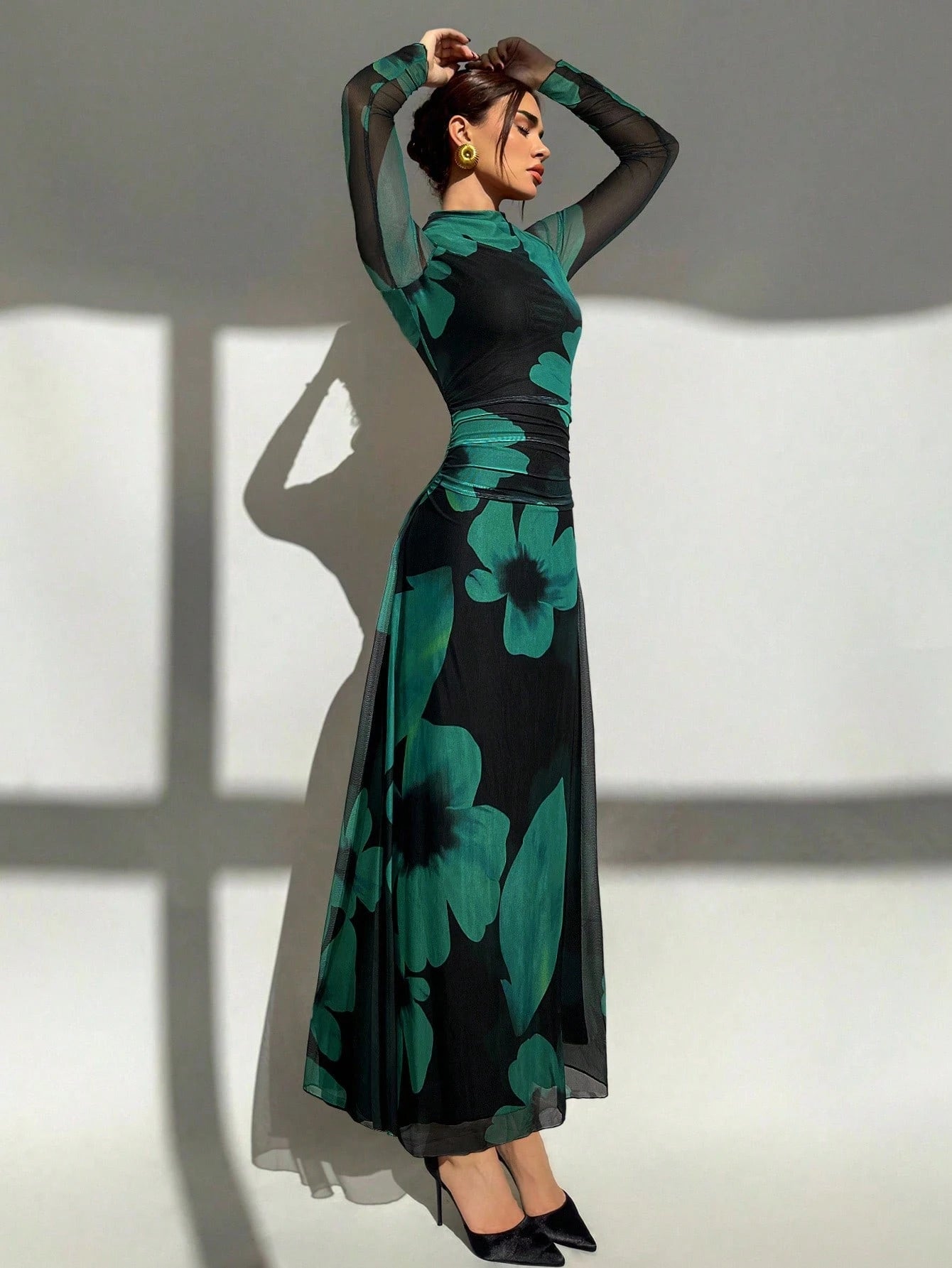 Tie Dye Floral Mesh Print Party Long Sleeve Fitted Dress shein